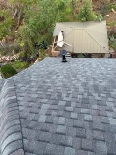 A new grey architectural shingle roof, looking down toward the garden shed
